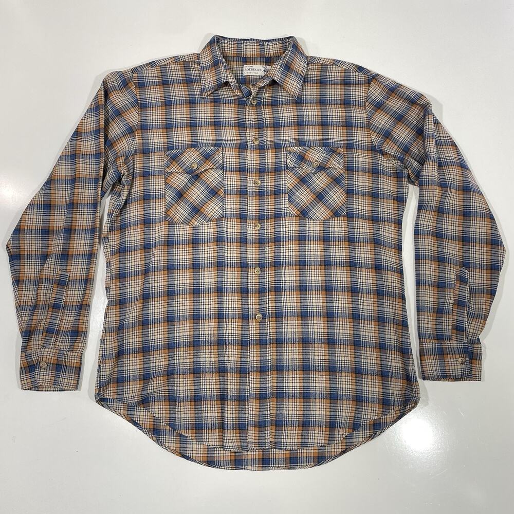 VTG Roebucks Flannel Long Sleeve Western Button Blue 70’s Large 16.5 Tall USA